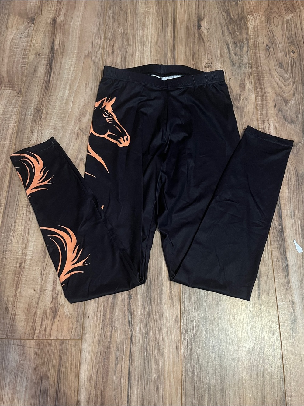 Black Leggings with Orange Horse Graphic